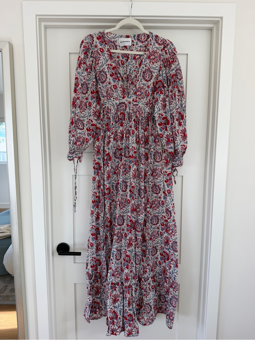 Antik Batik White Maxi Dress with Red & Blue Floral Print